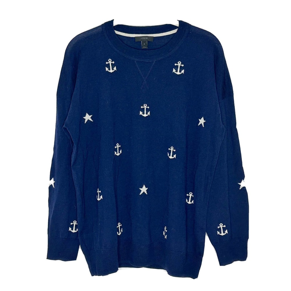 J. Crew 100% Merino Wool Crewneck Navy Sweater Anchors & Stars Size M